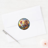 Zoet Glas in lood Kippen Rooster en Sunrise Ronde Sticker (Envelop)