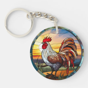 Zoet Glas in lood Kippen Rooster en Sunrise Sleutelhanger