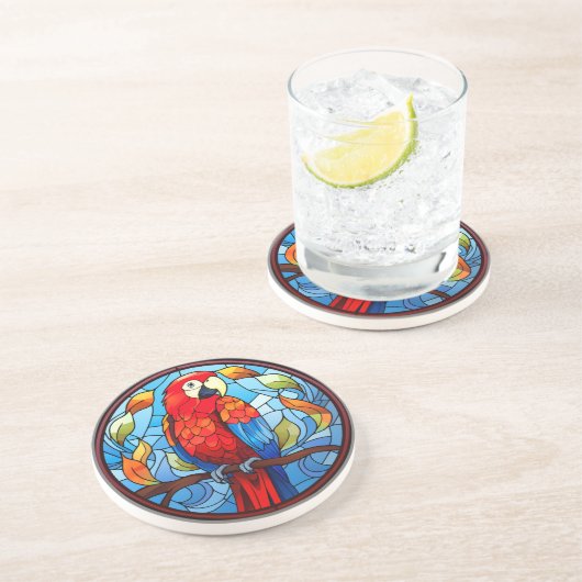 Zoet Glas in lood Scarlet Macaw Parrot Bird Zandsteen Onderzetter (Zijkant)