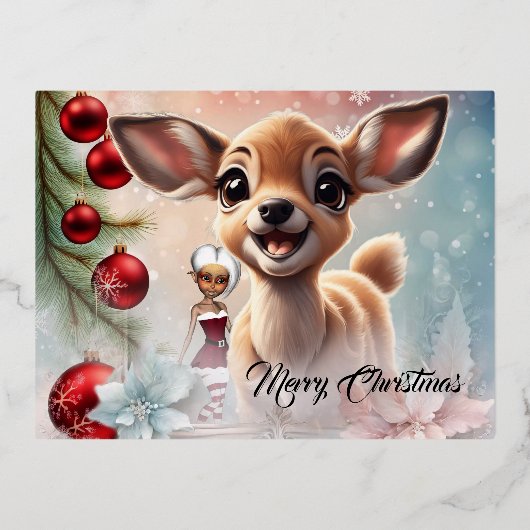 Zoet hert en schattige elfen wensen u een vrolijk  folie feestdagen briefkaart (Voorkant)