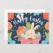 Zoet Konijn in Cadeaubak “Happy Pasen” Feestdagenkaart (Voorkant / Achterkant)