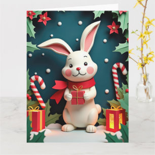 Zoet Konijn met Geschenk in Winter Kerst Scene Kaart