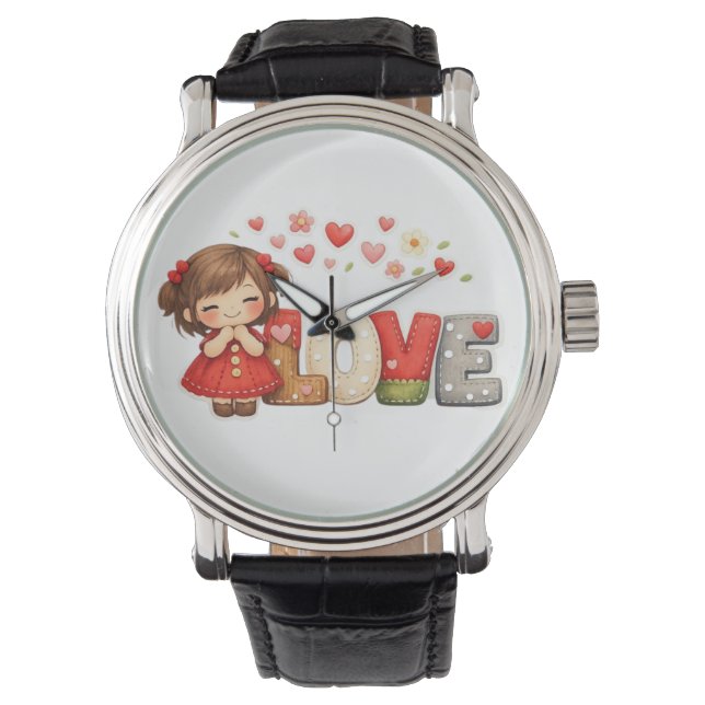 Zoet "LIEFDE" Hart & Chibi Meisje  Horloge (Voorkant)