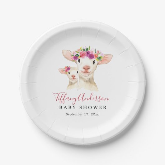 Zoet Mam En Baby Lamb Bloemen Baby shower Bord (Voorkant)