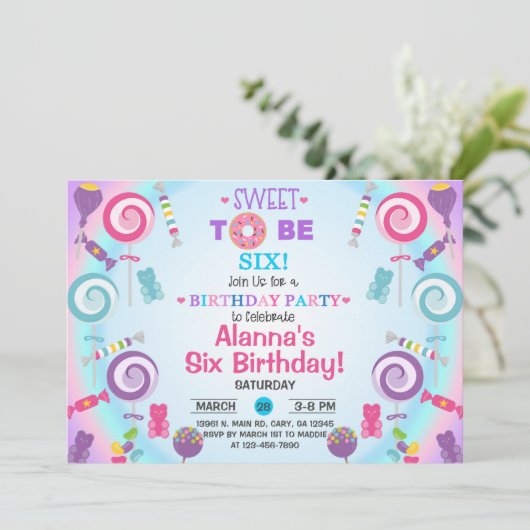 Zoet om zes candyland verjaardagsuitnodiging. inv kaart (Staand voorkant)