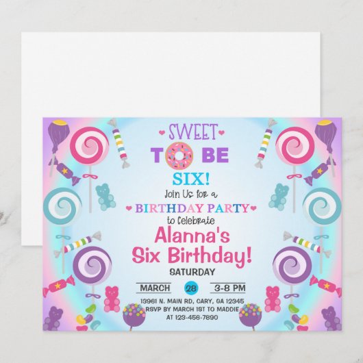 Zoet om zes candyland verjaardagsuitnodiging. inv kaart (Voorkant / Achterkant)