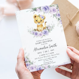 Zoet Paarse Bloemen Schattig Lion Cub Baby shower Kaart