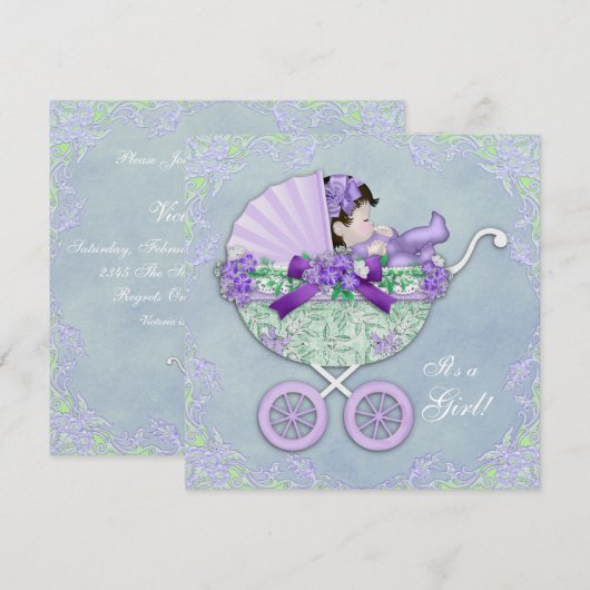 Zoet Paarse en groene Baby shower Kaart (Voorkant / Achterkant)