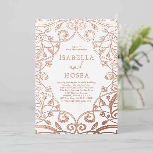  Zoet Roos Goud Bloemen Kant Bruiloft Folie Uitnodiging (Staand Voorkant)