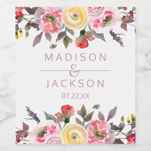 Zoet Roos Waterverf Bloemen Bruiloft Monogram Wijn Etiket (Enkel label)