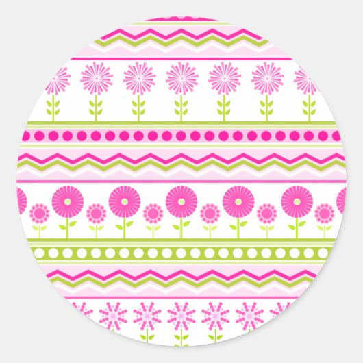 Zoet roze veerpatroon met bloemen en stippen ronde sticker (Voorkant)
