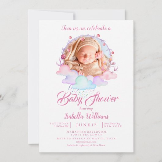 Zoet Roze Waterverf Meisje Foto Baby shower Kaart (Voorkant)