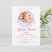 Zoet Roze Waterverf Meisje Foto Baby shower Kaart (Staand voorkant)