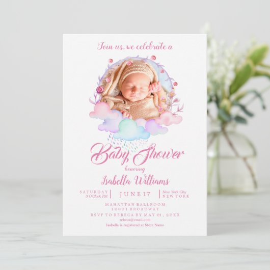 Zoet Roze Waterverf Meisje Foto Baby shower Kaart (Staand voorkant)