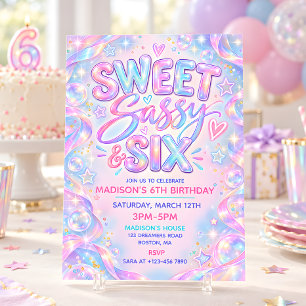 Zoet, Sassy & Six Pastel Holografische 6e Verjaard Kaart