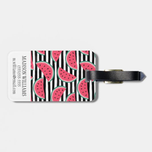 Zoet watermelon op Stripes Black & White Pattern Bagagelabel (Achterkant horizontaal)