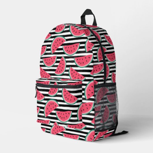 Zoet watermelon op Stripes Black & White Pattern Bedrukte Rugzak (Achterkant Hoek Rechts)