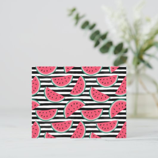 Zoet watermelon op Stripes Black & White Pattern Briefkaart (Staand voorkant)