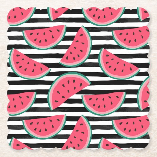 Zoet watermelon op Stripes Black & White Pattern Kartonnen Onderzetters (Voorkant)