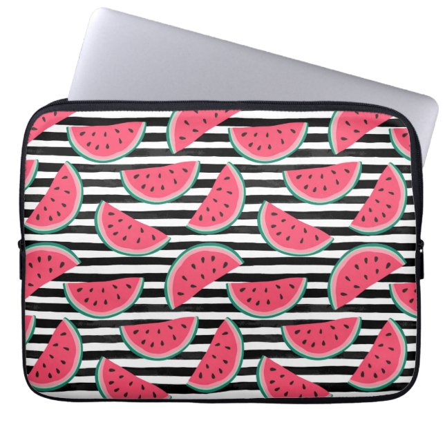 Zoet watermelon op Stripes Black & White Pattern Laptop Sleeve (Voorkant)