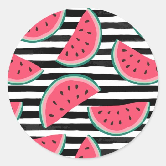 Zoet watermelon op Stripes Black & White Pattern Ronde Sticker (Voorkant)