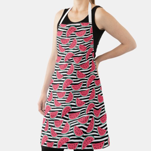 Zoet watermelon op Stripes Black & White Pattern Schort (Insitu)