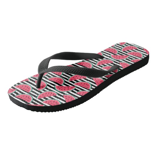 Zoet watermelon op Stripes Black & White Pattern Teenslippers (Schuin)