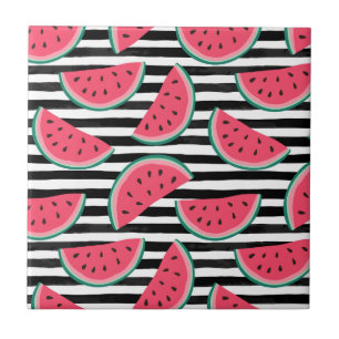 Zoet watermelon op Stripes Black & White Pattern Tegeltje