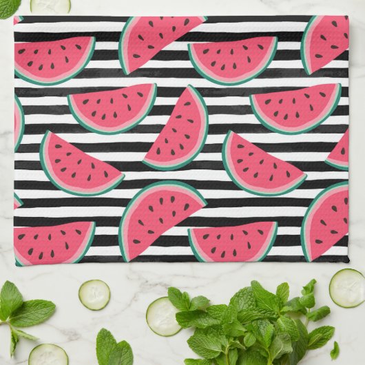 Zoet watermelon op Stripes Black & White Pattern Theedoek (Gevouwen)
