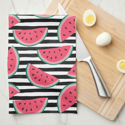 Zoet watermelon op Stripes Black & White Pattern Theedoek (Quarter Fold)