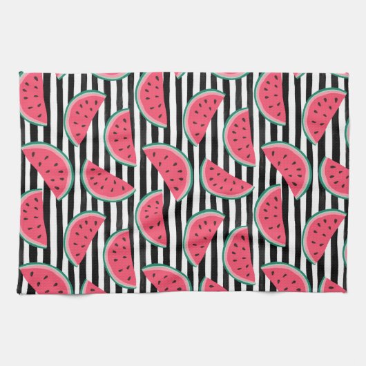 Zoet watermelon op Stripes Black & White Pattern Theedoek (Horizontaal)