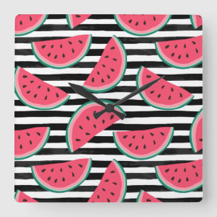 Zoet watermelon op Stripes Black & White Pattern Vierkante Klok