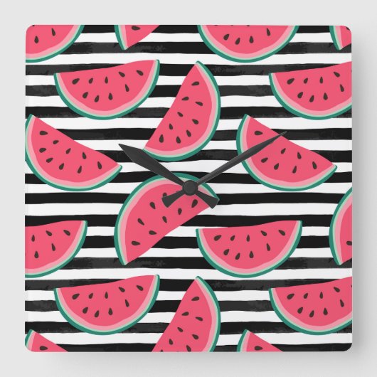 Zoet watermelon op Stripes Black & White Pattern Vierkante Klok (Voorkant)