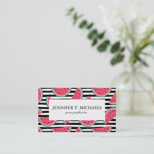 Zoet watermelon op Stripes Black & White Pattern Visitekaartje (Staand voorkant)