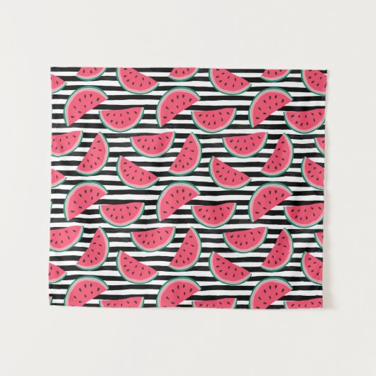 Zoet watermelon op Stripes Black & White Pattern Wandkleed (Voorkant (horizontaal))
