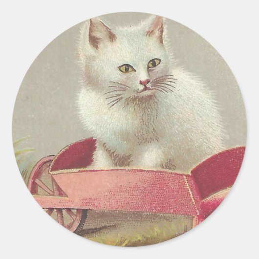 Zoet wit kitten in roze winkelwagen Victoriaans  Ronde Sticker (Voorkant)