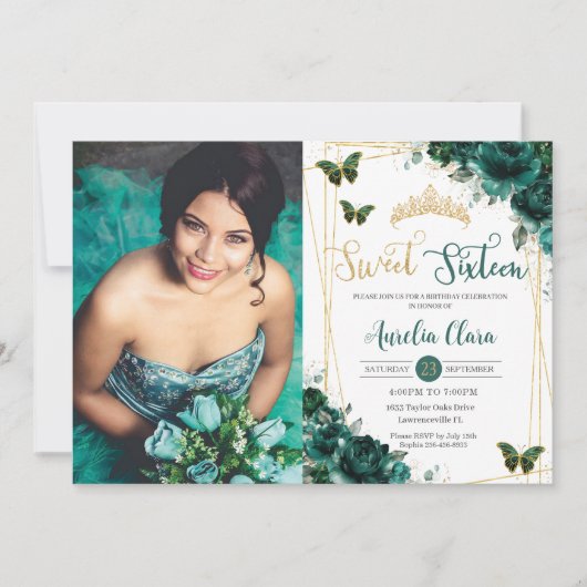 Zoet Zestien 16 Smaragdgroene Bloemenvlinders Kaart (Voorkant)