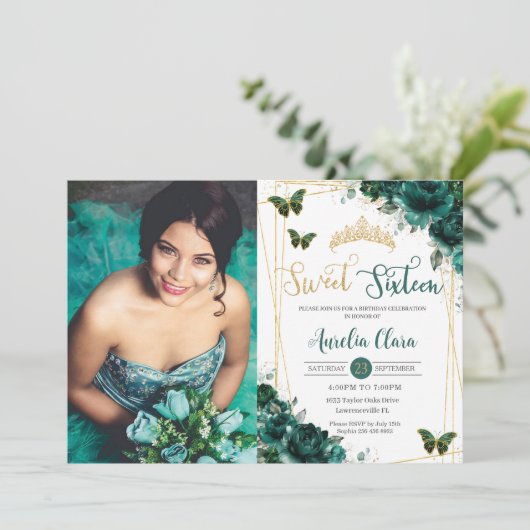 Zoet Zestien 16 Smaragdgroene Bloemenvlinders Kaart (Staand voorkant)