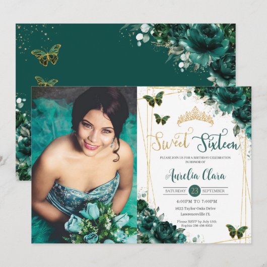 Zoet Zestien 16 Smaragdgroene Bloemenvlinders Kaart (Voorkant / Achterkant)