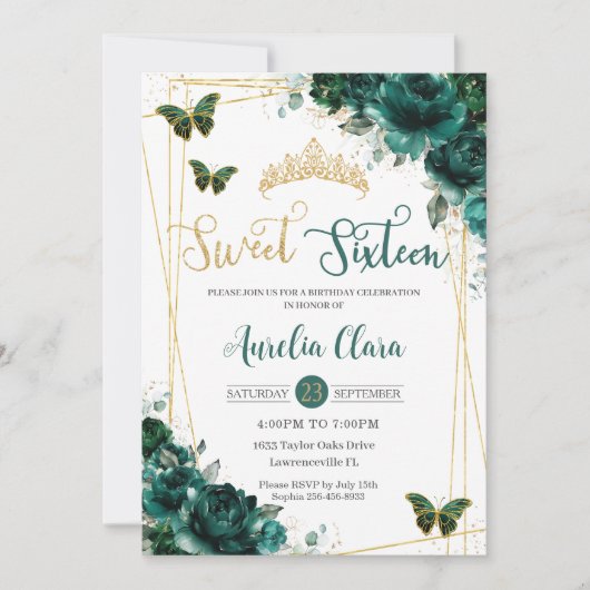 Zoet Zestien 16 Smaragdgroene Bloemenvlinders Kaart (Voorkant)