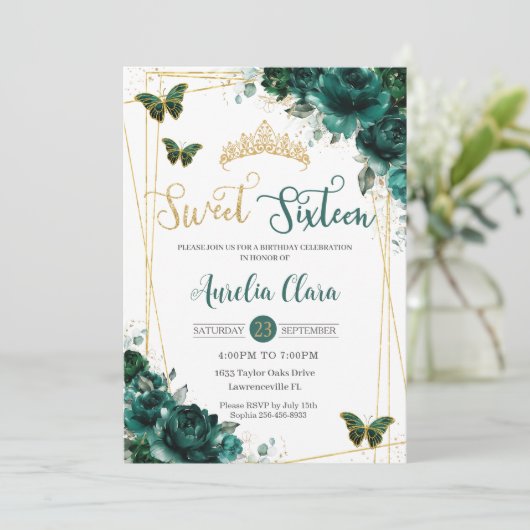 Zoet Zestien 16 Smaragdgroene Bloemenvlinders Kaart (Staand voorkant)