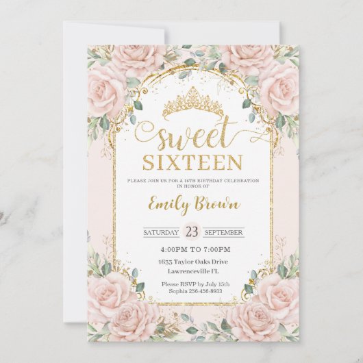 Zoet Zestien Blush Roze Bloemen Goud 16e Verjaarda Kaart (Voorkant)