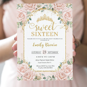 Zoet Zestien Blush Roze Bloemen Goud 16e Verjaarda Kaart
