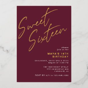 Zoet Zestien Bourgogne Rood en Goud 16e Verjaardag Folie Uitnodiging