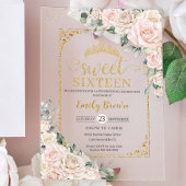 Zoet Zestien Champagne Ivoor Blush Bloemen Goud Acryl Uitnodigingen