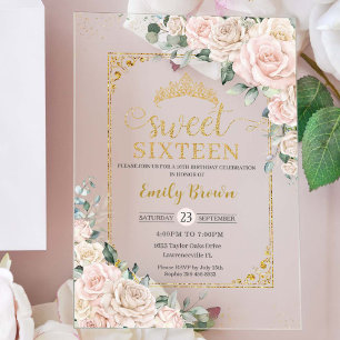 Zoet Zestien Champagne Ivoor Blush Bloemen Goud Acryl Uitnodigingen
