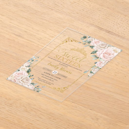 Zoet Zestien Champagne Ivoor Blush Bloemen Goud Acryl Uitnodigingen (Laagn)