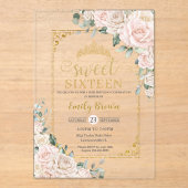 Zoet Zestien Champagne Ivoor Blush Bloemen Goud Acryl Uitnodigingen (Voorkant)