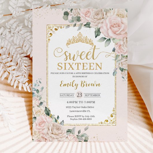 Zoet Zestien Champagne Ivoor Blush Bloemen Goud Kaart