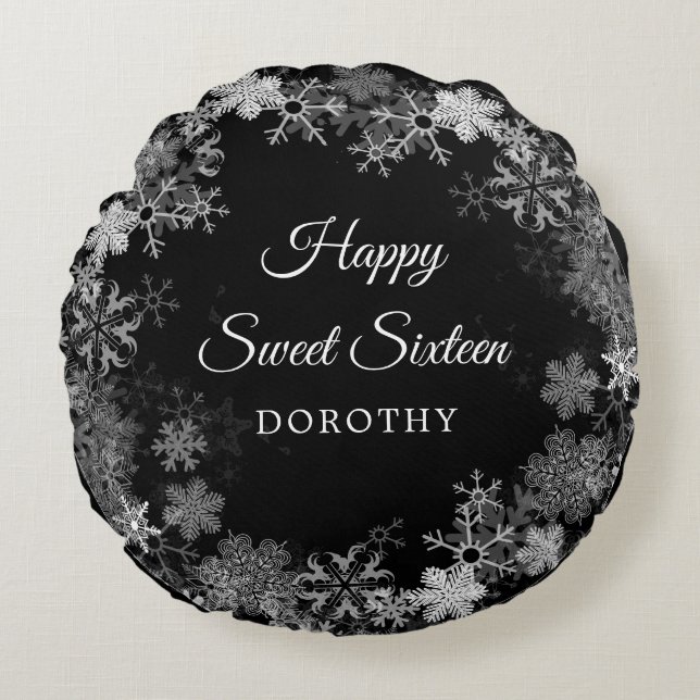 Zoet Zestien Gift Winter Wonderland Sneeuwvlok Rond Kussen (Voorkant)